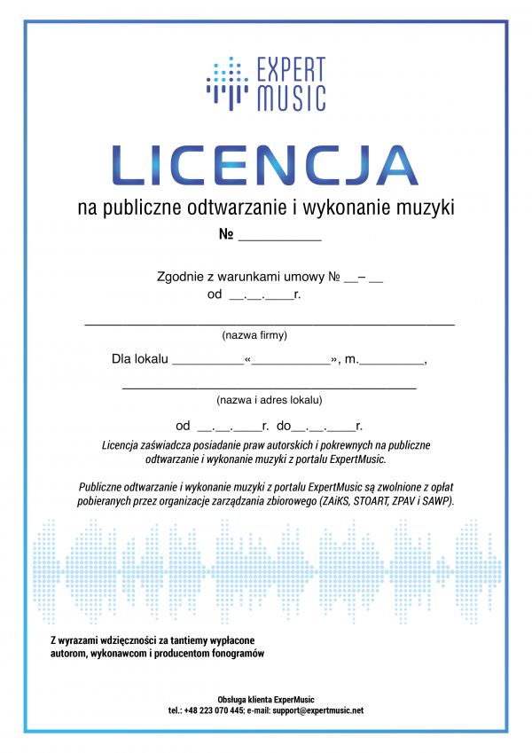 licencja na publiczne odtwarzanie muzyki w lokalu